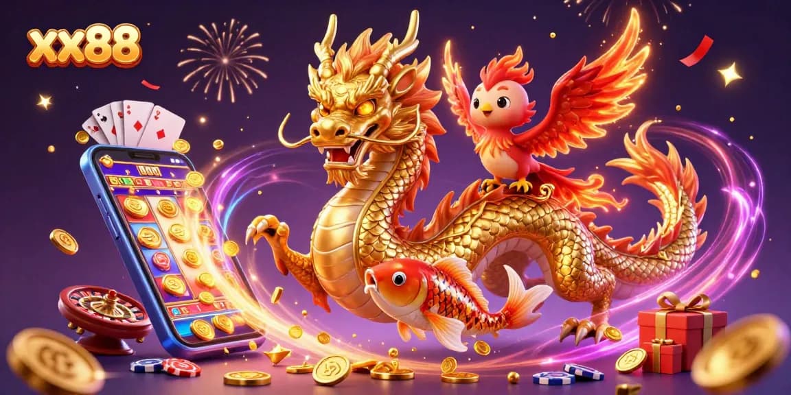 Experience thrilling gameplay at xx88 with a fierce dragon, phoenix, and koi fish amidst vibrant casino symbols.