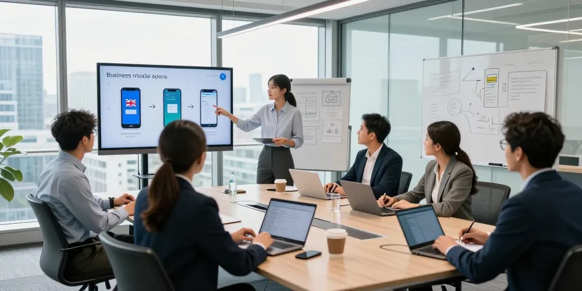 Business professionals collaborating in a modern conference room, focusing on business mobile comparison UK solutions during a strategy meeting.