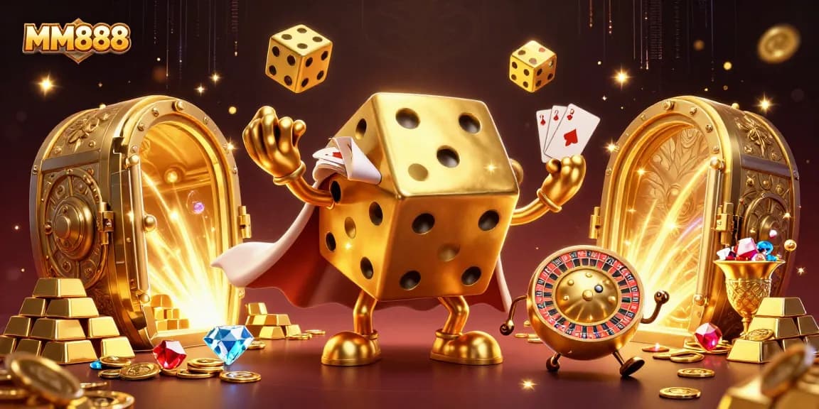 Marvel at MM888's vibrant 3D casino scene with golden dice, jewels, and dynamic game elements.
