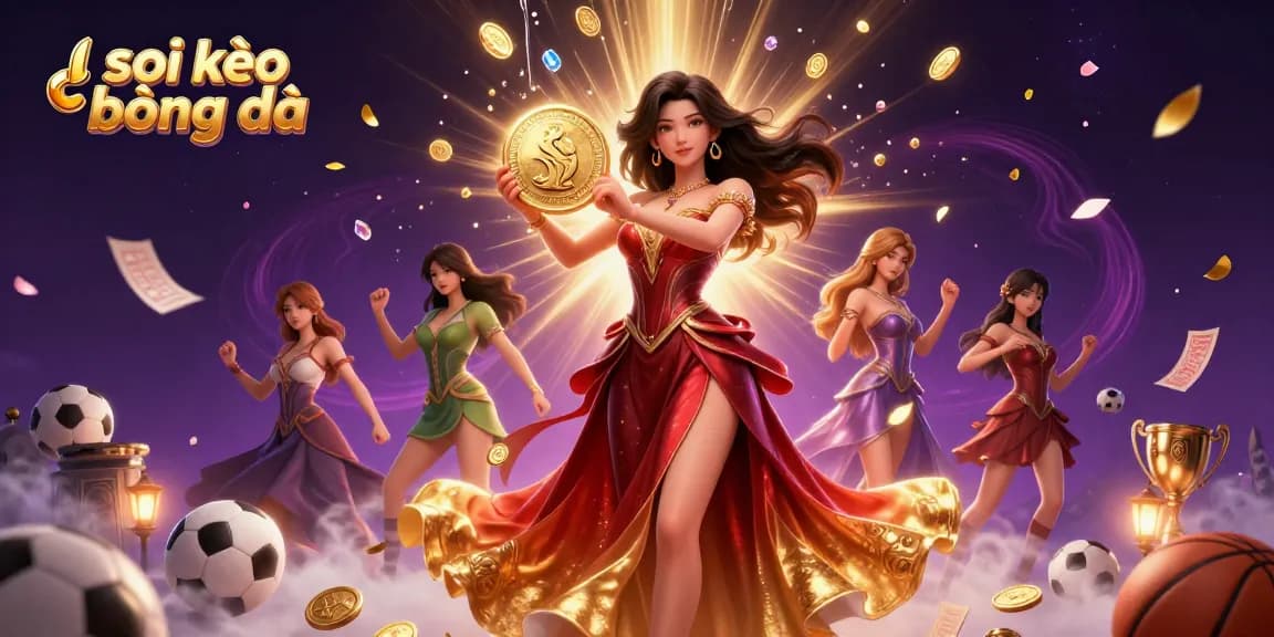 Soi kèo bóng đá illustration featuring a glamorous Asian woman holding a golden coin with sports betting elements.