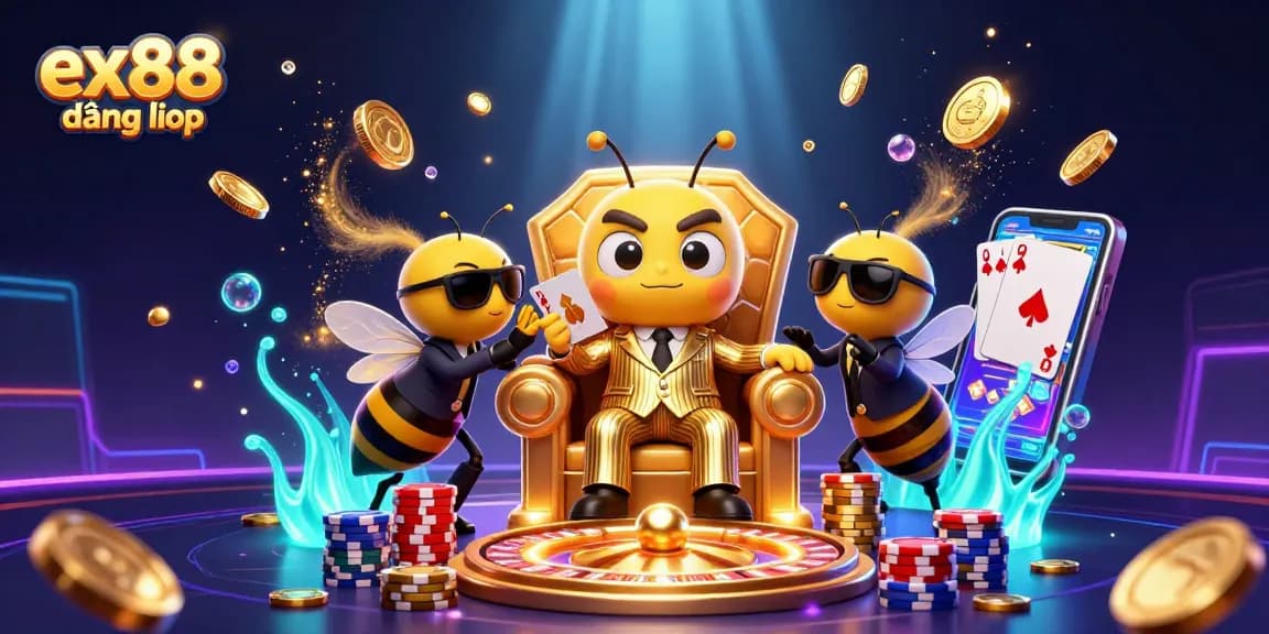 Engage with ex88 đăng nhập in an ultra-detailed 3D casino scene featuring a bumblebee mob boss and vibrant game elements.