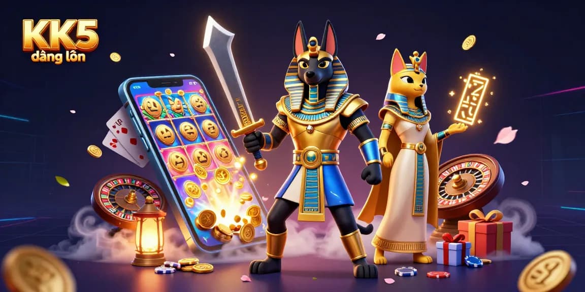 Experience the thrill of KK5 đăng nhập with Anubis and Bastet amidst gaming elements!
