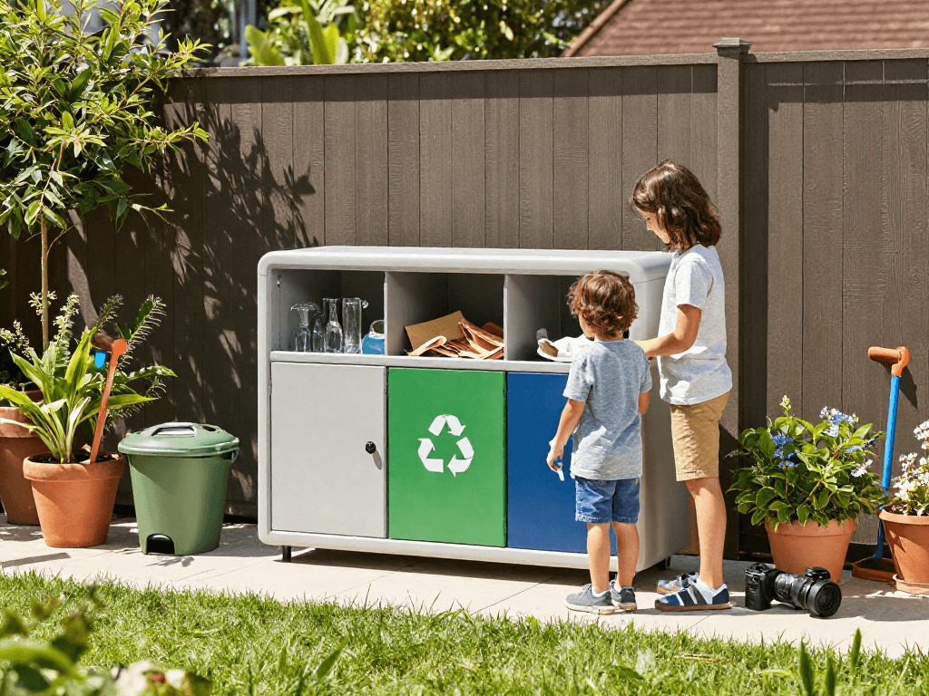 Il terry ecocab 3 in un giardino, mentre una famiglia distribuisce rifiuti riciclabili, fusione di praticità ecologica e bellezza esterna.