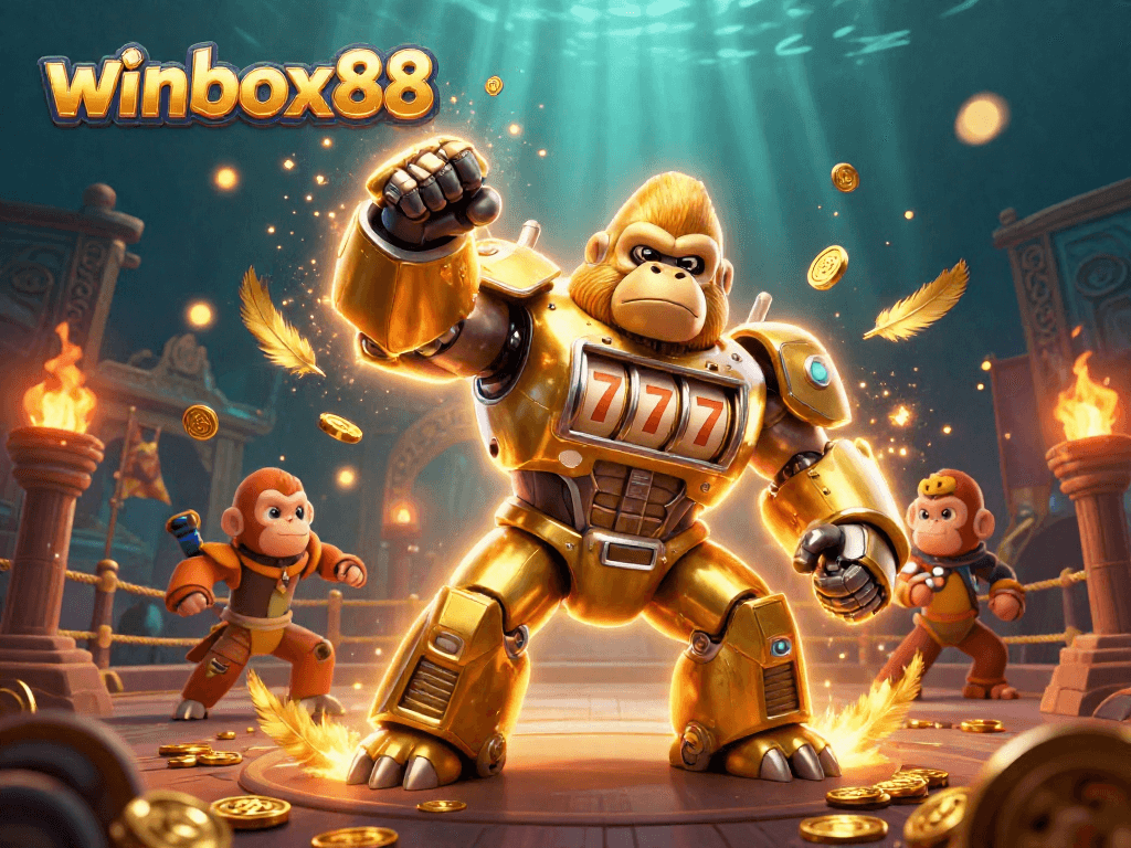 Experience the thrill of winning with winbox88's vibrant 3D casino scene featuring a golden guerrilla mech.