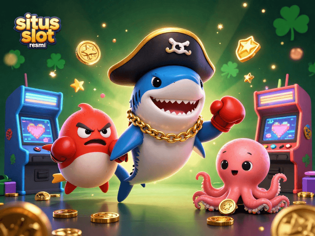 Play sites with situs slot resmi showcasing pirate shark, pufferfish, and octopus in vibrant casino setup.