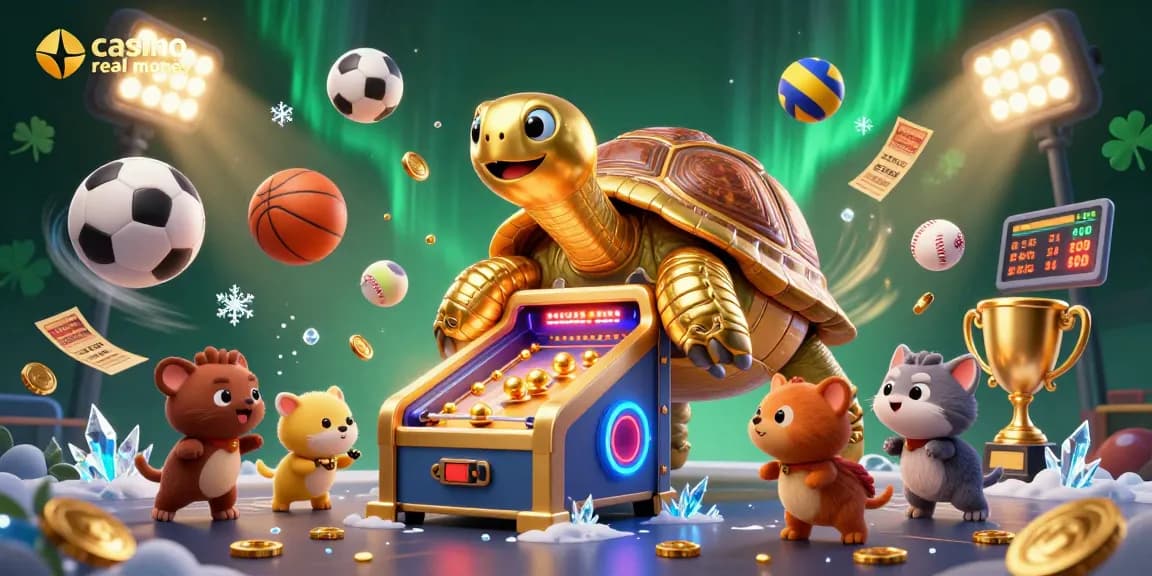 Experience the thrill of casino real money gaming with a unique 3D scene featuring a colossal tortoise and dynamic sports elements.