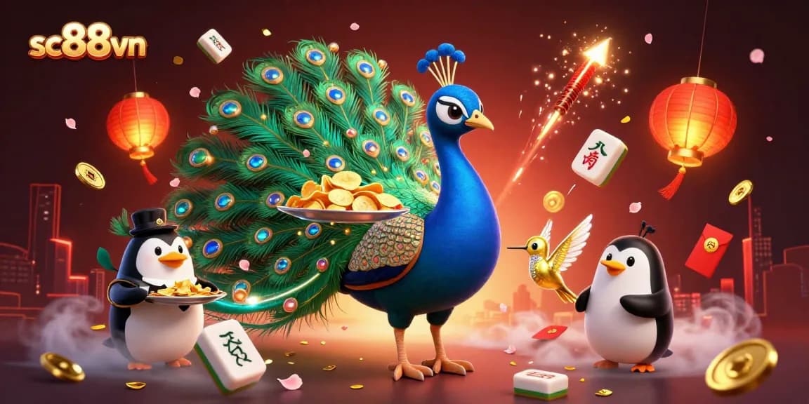 Experience thrilling gaming with sc88vn, featuring a peacock, penguin, and hummingbird in a vibrant casino scene.