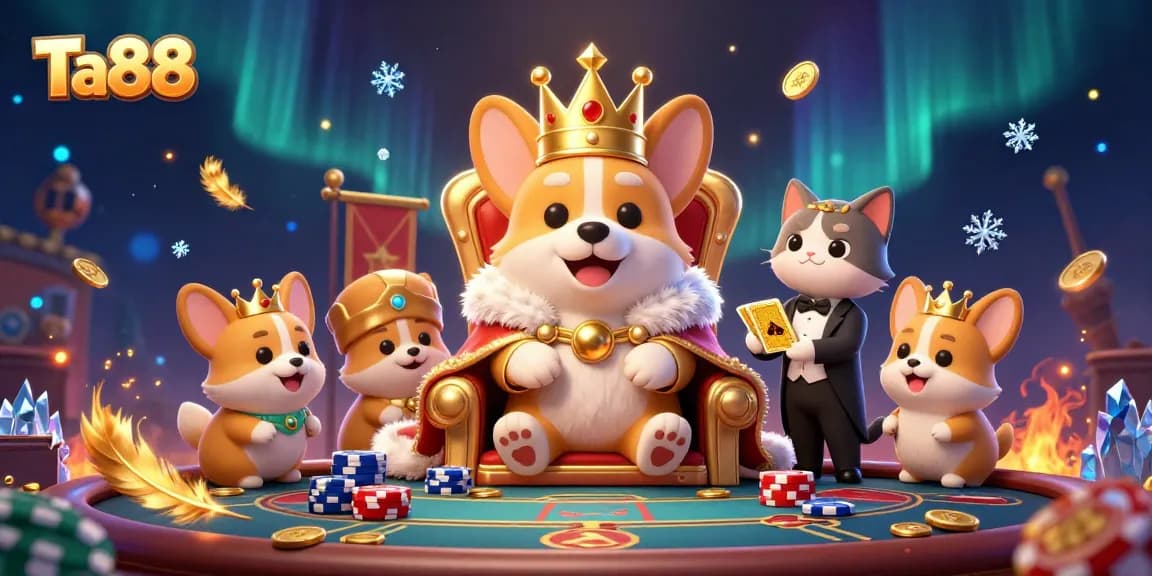 Engage with Ta88's royal gambling scene featuring a corgi poker king and gold tokens.