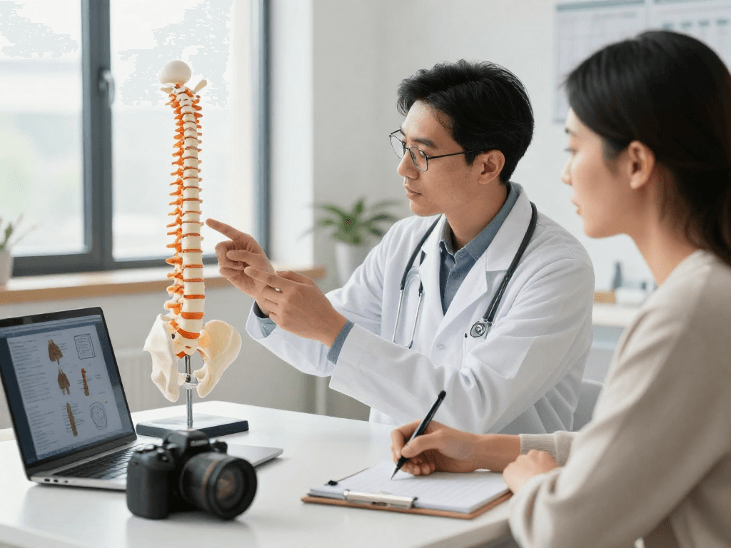 Discussion on bel kayması ameliyatı in a modern clinic, doctor explaining to patient using spine model.