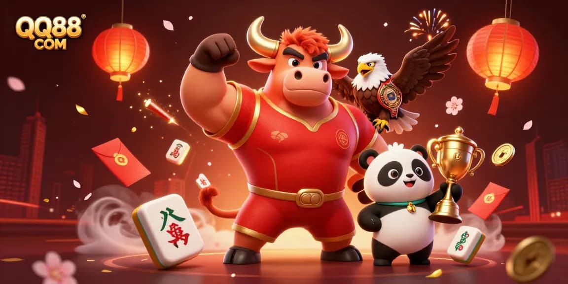 Place bets and celebrate wins with QQ88 COM in this dynamic 3D gambling illustration featuring mascots and casino elements.