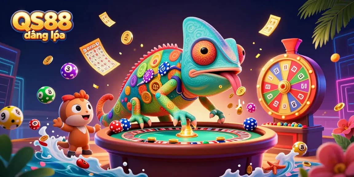 Engage with the dynamic QS88 đăng nhập casino experience featuring a vibrant chameleon character amidst lively gaming elements.