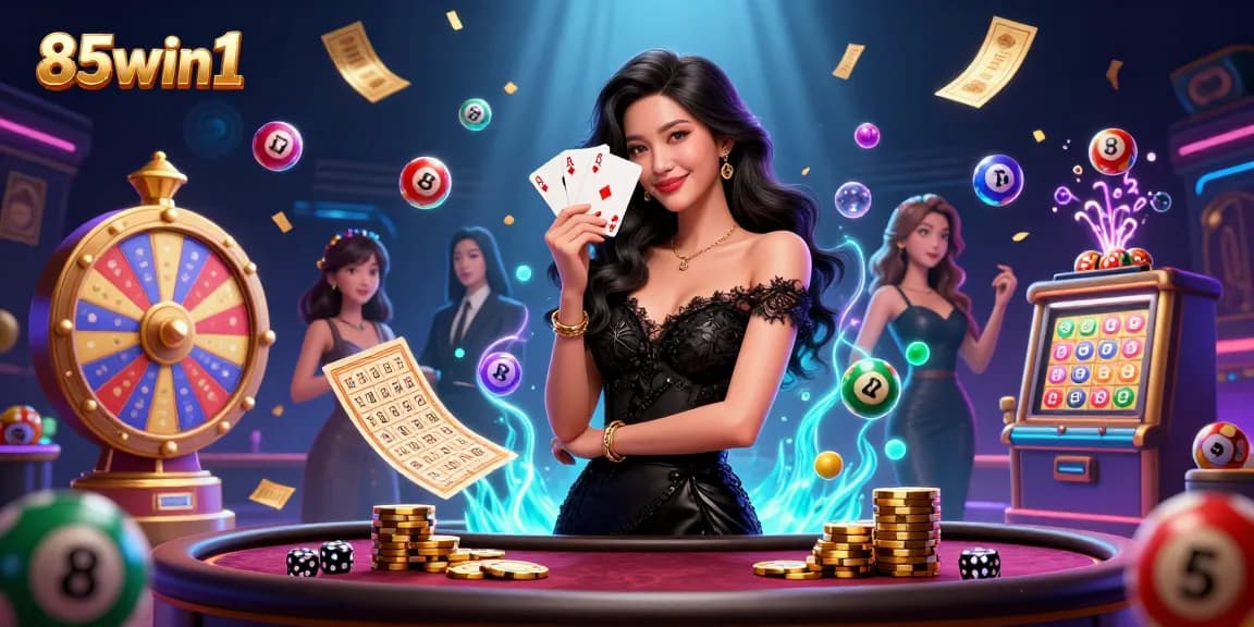 Engage in thrilling gaming at 85win1 with a glamorous woman holding poker cards amid vibrant casino elements.