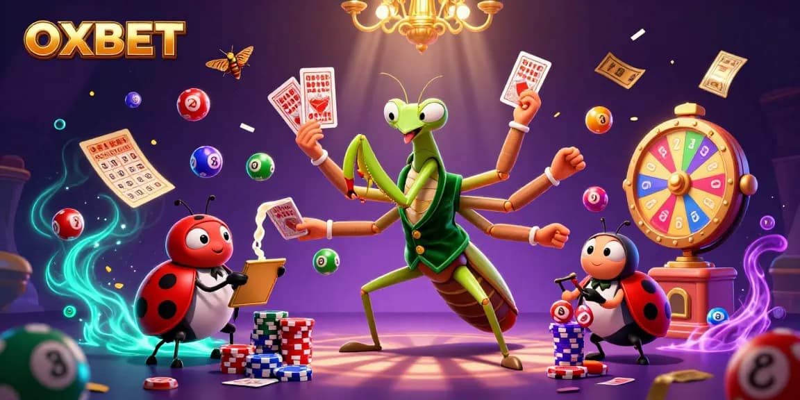 Engage with OXBET's dynamic gambling scene featuring a colorful array of lottery elements and vibrant characters.