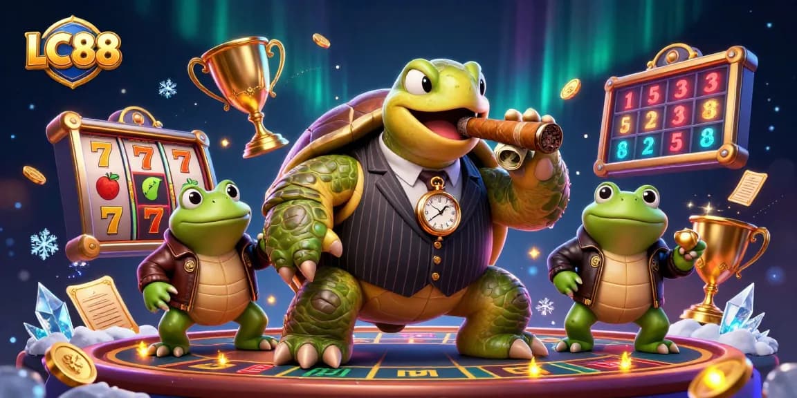 Experience the thrill of LC88 with a 3D cartoon turtle mobster in an exciting casino scene.
