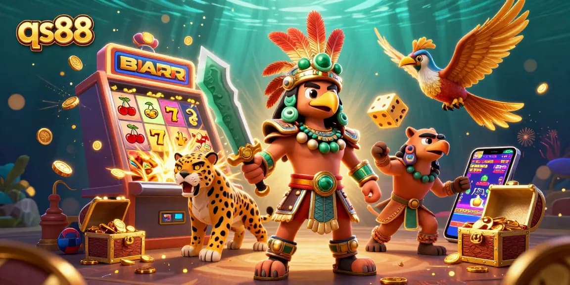 Experience excitement with qs88 as Aztec warriors and vibrant game elements celebrate a casino jackpot.