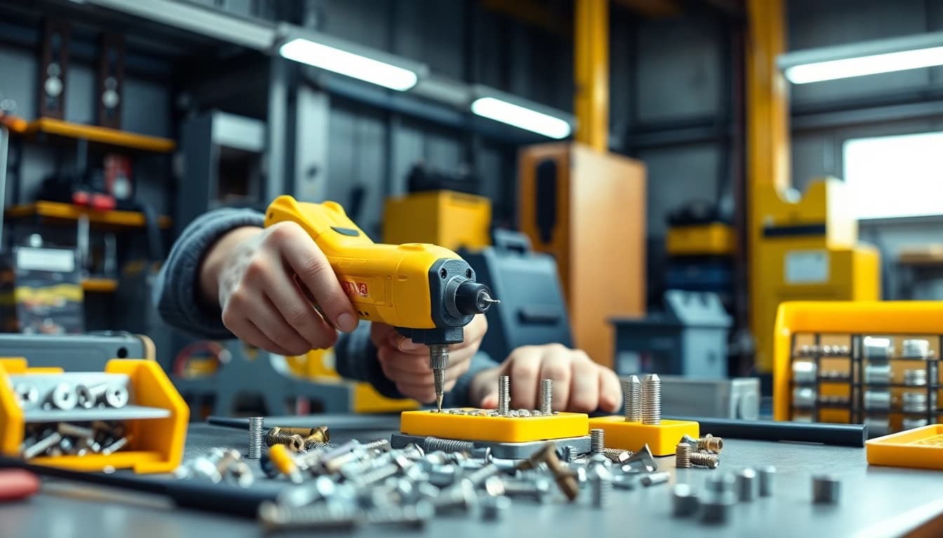 Cricchetto elettrico in azione mentre un tecnico assemblando parti di metallo.