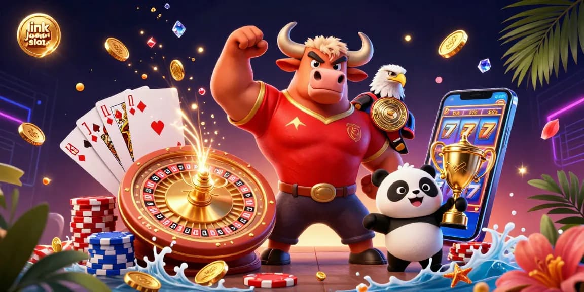 Link judi slot menampilkan karakter kartun 3D meriah dengan simbol keberuntungan dan suasana kasino yang meriah.