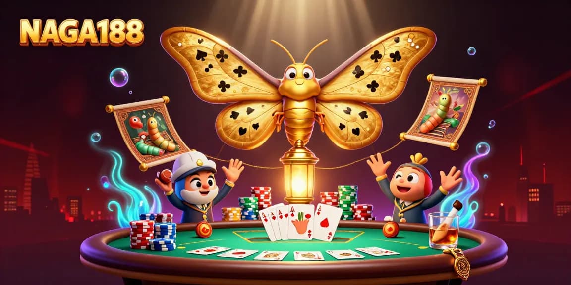 NAGA188 menunjukkan suasana kasino yang meriah dengan kupu-kupu raksasa dan permainan poker yang menegangkan.