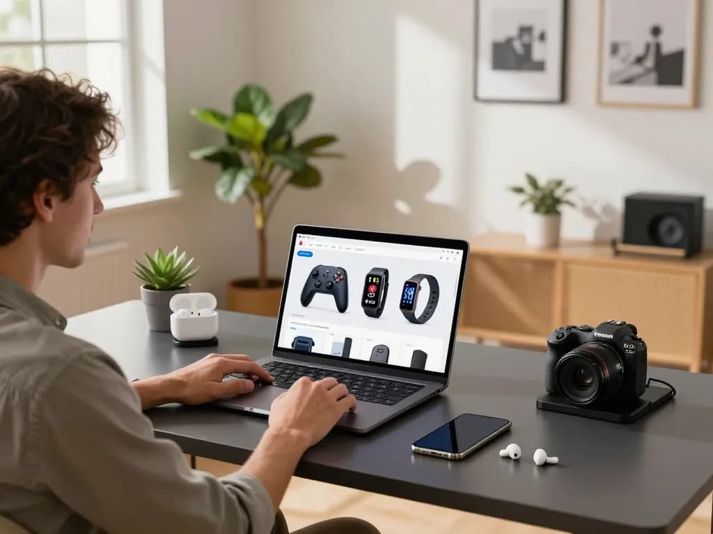 Must have tech gadgets on a stylish desk in a bright home office showcasing innovation and productivity.