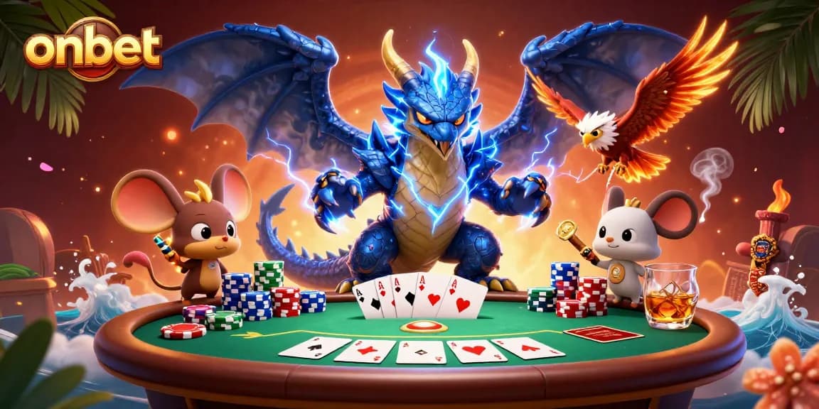 Engage with exciting poker play at onbet featuring vibrant 3D dragons, hawks, and poker elements.