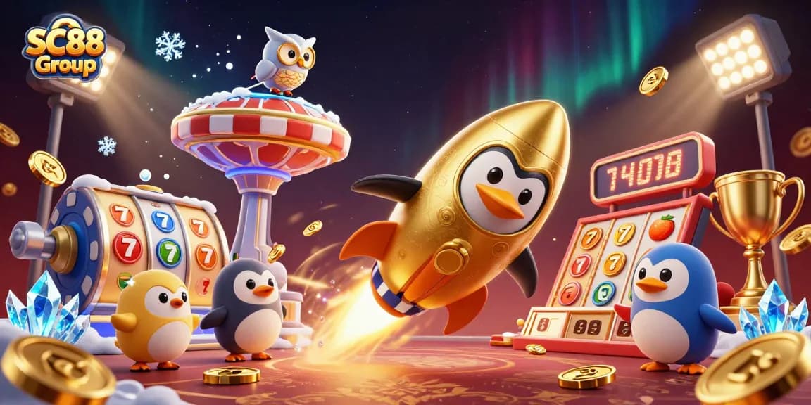 Engaging gaming scene with SC88 Group featuring a golden penguin in space among casino elements.