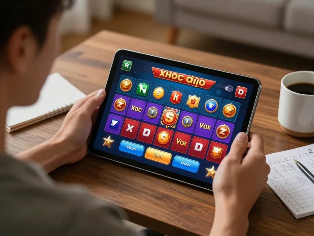 Xóc đĩa gameplay displayed on a tablet, showing a player engaged in online betting.