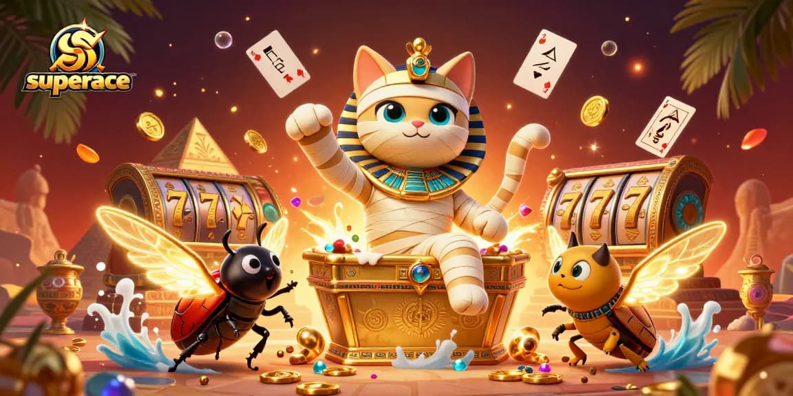 Experience superace's vibrant gaming world with a mummy cat and rich slot elements.