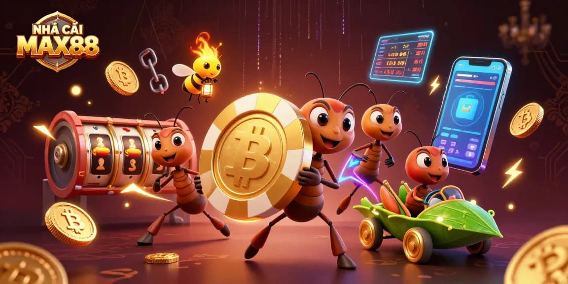 Experience exciting gaming action with NHÀ CÁI MAX88 as playful ants run with a giant poker chip.