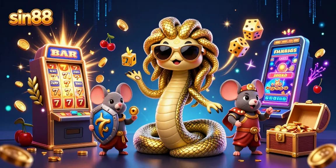 Experience the excitement at sin88 with a vibrant 3D casino scene bursting with jackpots and friendly characters.