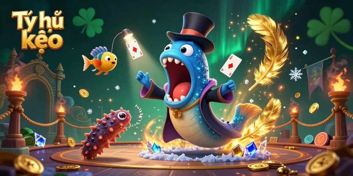Tỷ lệ kèo card tricks performed by a bioluminescent deep-sea gulper eel at a vibrant casino scene