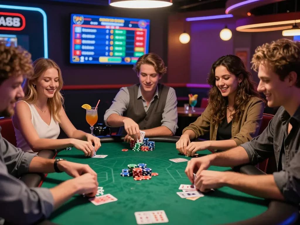 Exciting poker game scene at MM88 casino with friends, colorful chips, and vibrant ambiance.
