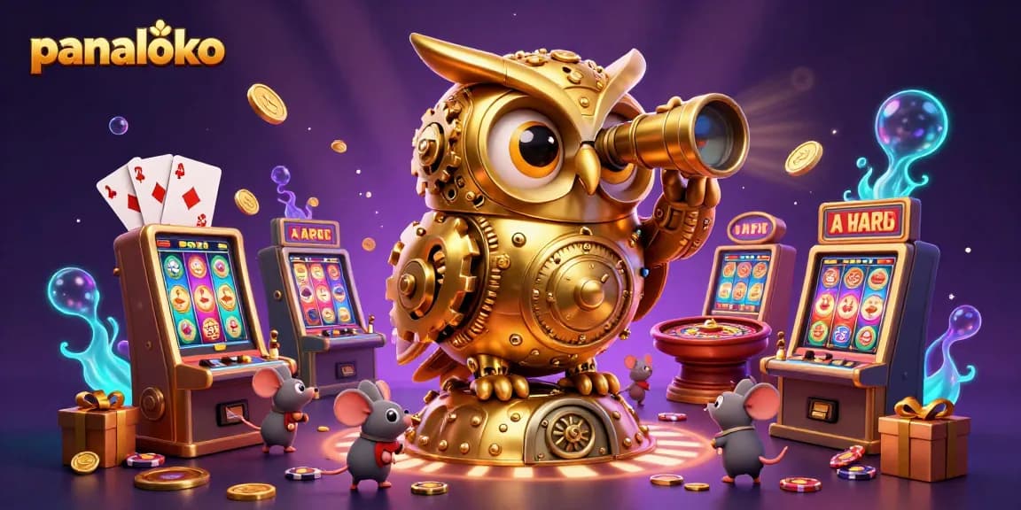 Panaloko showcases a vibrant scene with a clockwork owl and thematic casino elements in a 3D illustration.