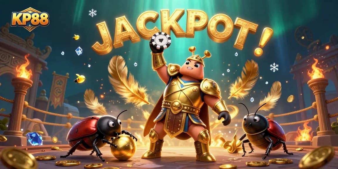KP88 beetle champion lifting a poker chip in victory, celebrating success with a dynamic background.