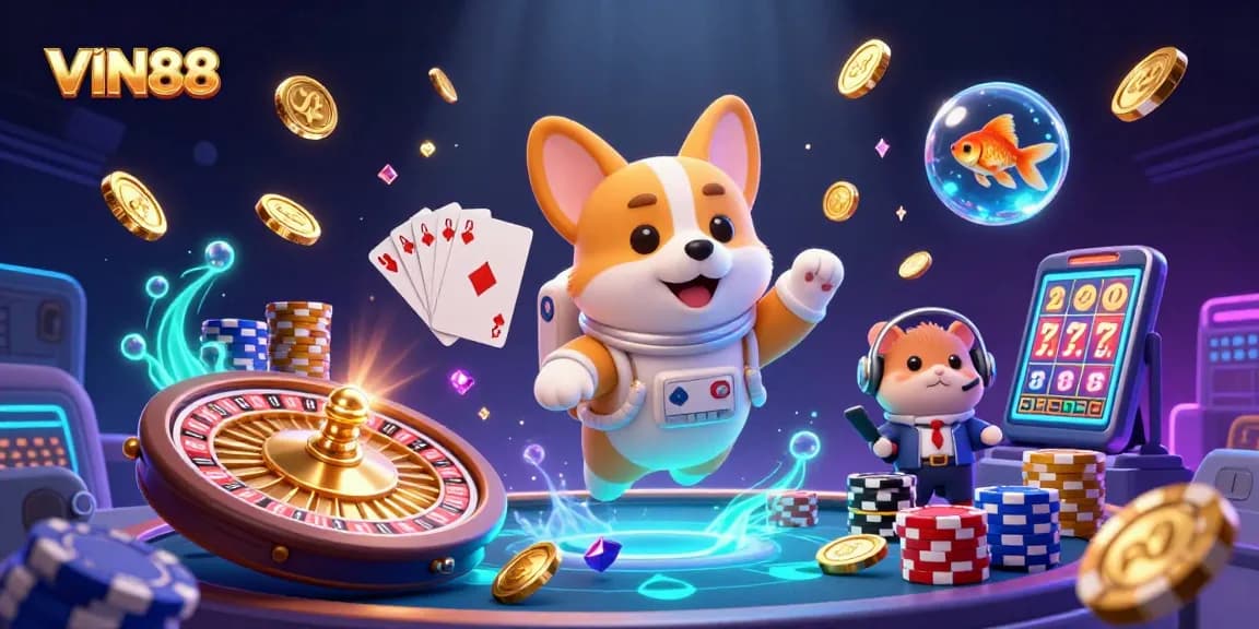 Spin to victory with VIN88 in a vibrant casino scene featuring galactic characters and colorful gaming elements.