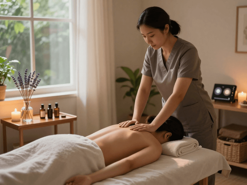 일산출장마사지 in a tranquil home setting showing a professional therapist giving a soothing massage.
