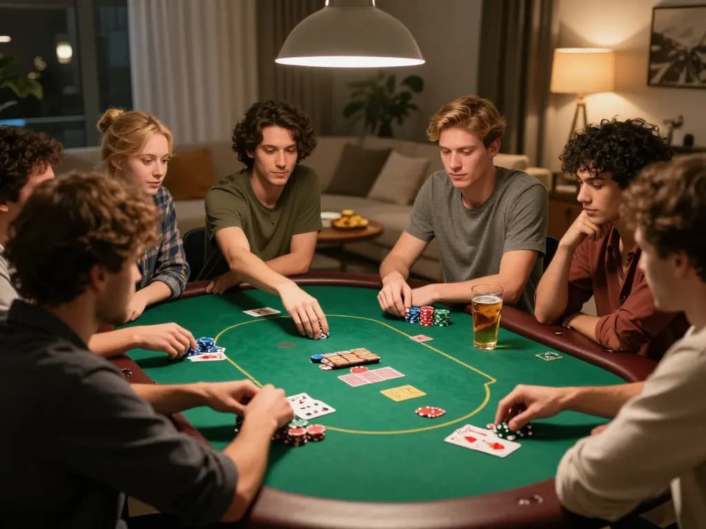 Friends enjoying a poker game night with JUN88, showcasing strategic betting and friendly competition.