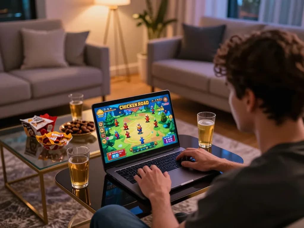 Giocatore che si diverte con il gameplay di Chicken Road a casa, evidenziando le recensioni chicken road in un ambiente accogliente.