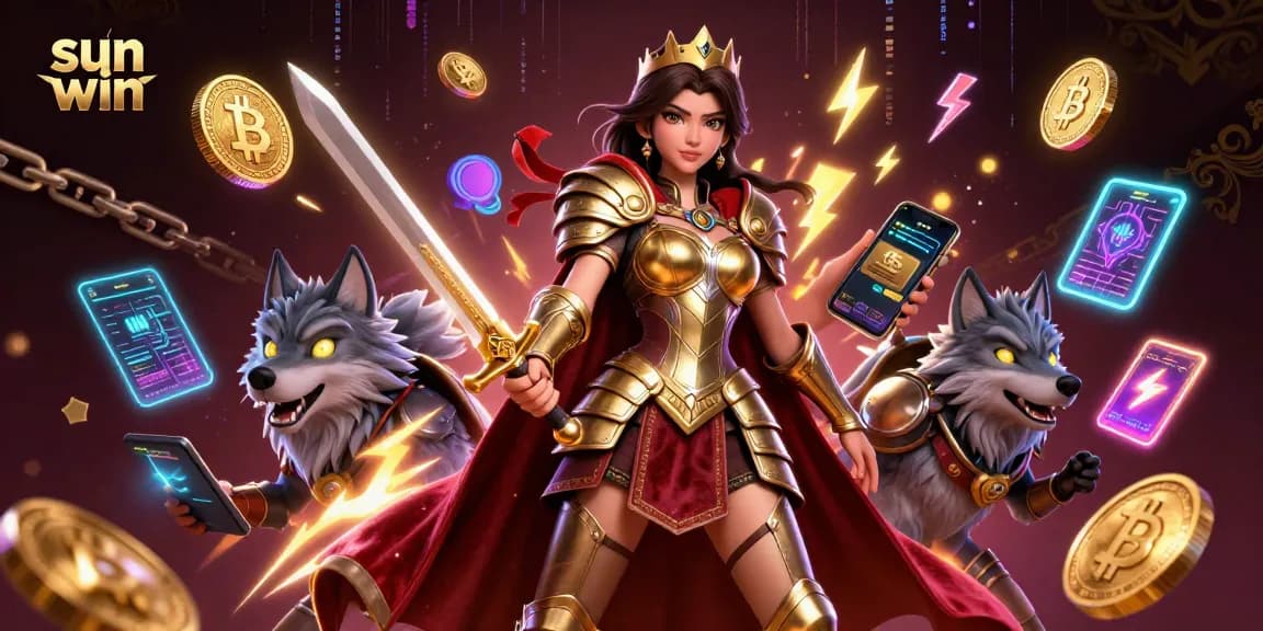 Engage in thrilling gameplay with sun win as a victorious warrior queen and her trusty wolf in a vibrant casino setting.