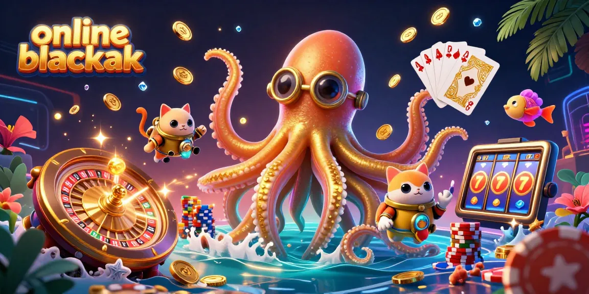 Engage in online blackjack with a cinematic scene featuring a kraken, diving cat, and vibrant casino elements.
