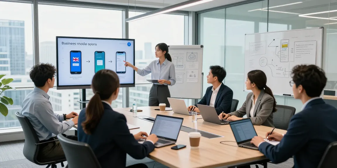 Business professionals collaborating in a modern conference room, focusing on business mobile comparison UK solutions during a strategy meeting.