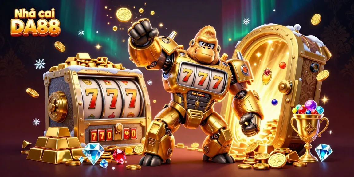 Engage with Nhà cái DA88 through a vibrant 3D illustration of golden gorilla mech, showcasing slots excitement.
