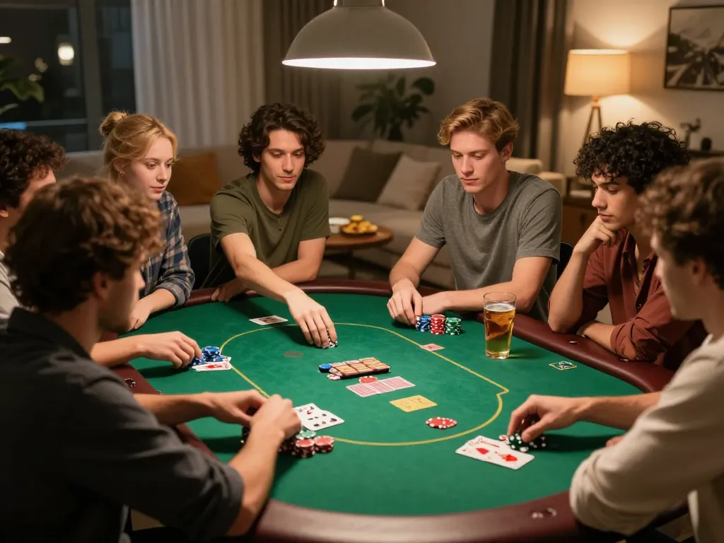 Friends enjoying a poker game night with JUN88, showcasing strategic betting and friendly competition.