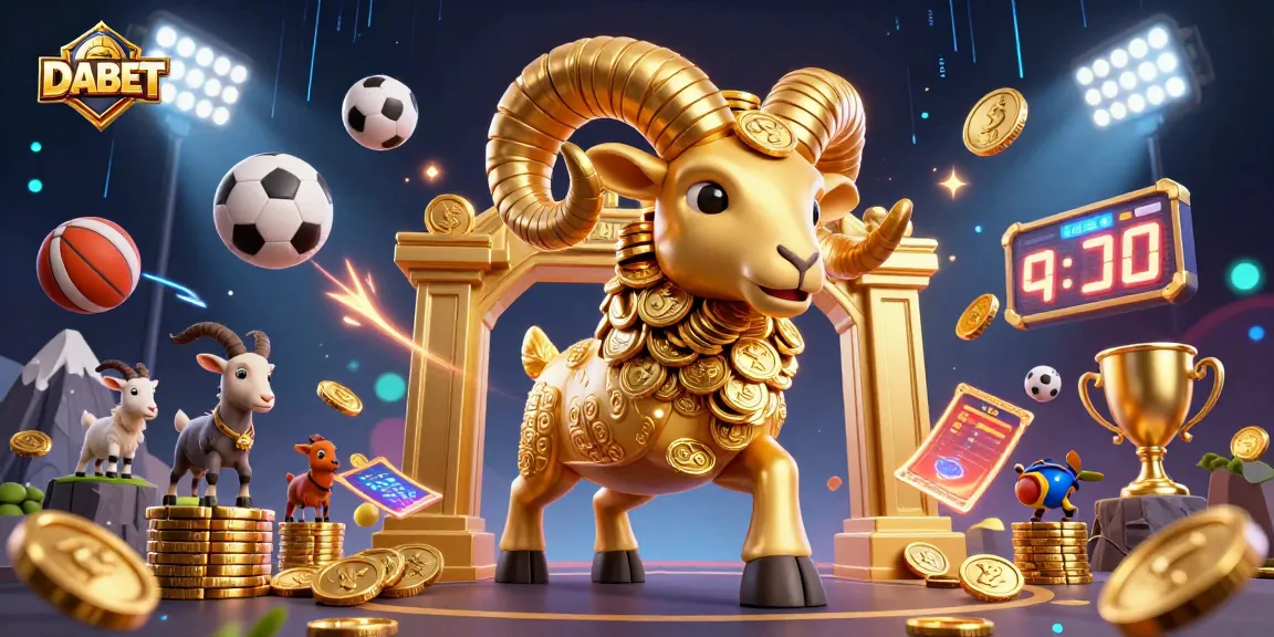 DABET showcases a dynamic 3D visualization of sports betting excitement with a golden ram charging through a vibrant casino scene.
