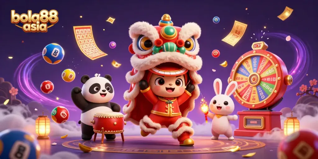 Bettors enjoy thrilling games at bola88 asia, surrounded by dynamic lottery balls, winning tickets, and festive decorations.