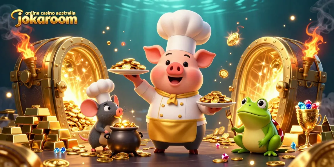 Experience online casino australia jokaroom with gourmet gold coins and vibrant treasures in a 3D scene.