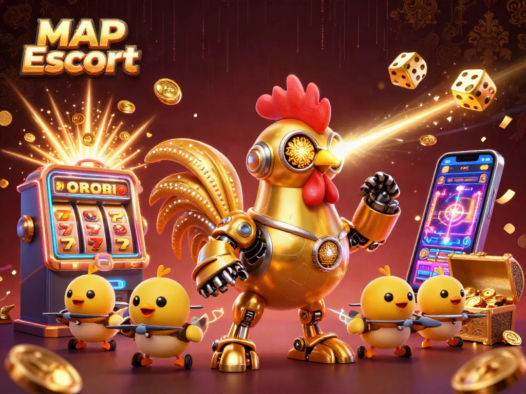 Experience the excitement of MAP Escort with a futuristic casino illustration showcasing lively elements.
