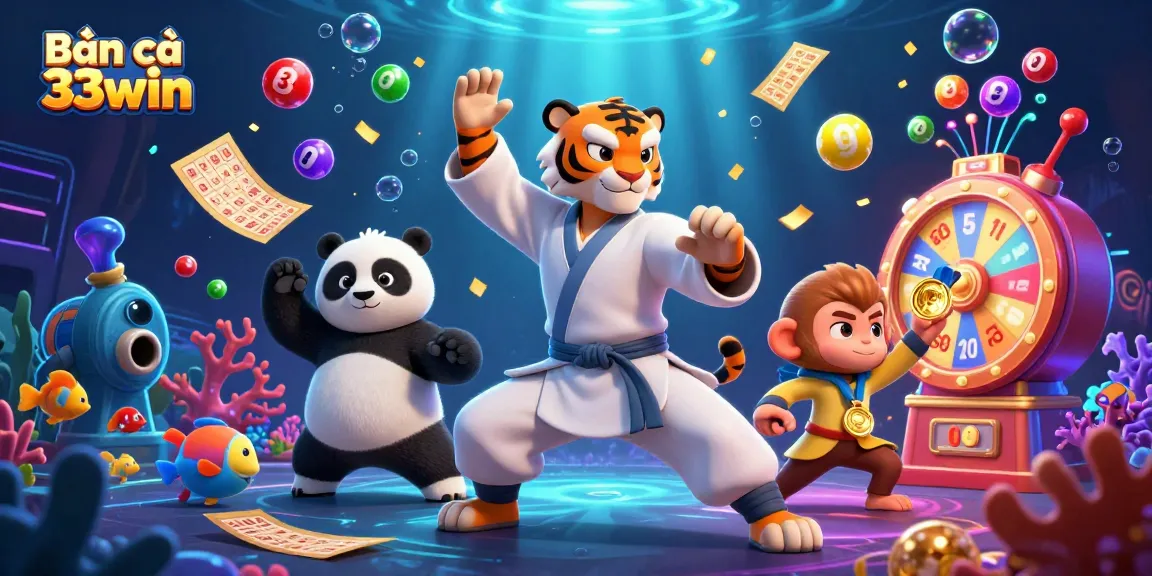 Bắn cá 33win features a vibrant underwater scene with a kung fu tiger and panda among colorful fish and dynamic lottery elements.