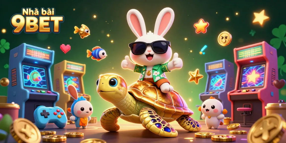 Experience excitement with Nhà cái 9BET's vibrant gaming scene featuring a lucky rabbit and sea turtle.