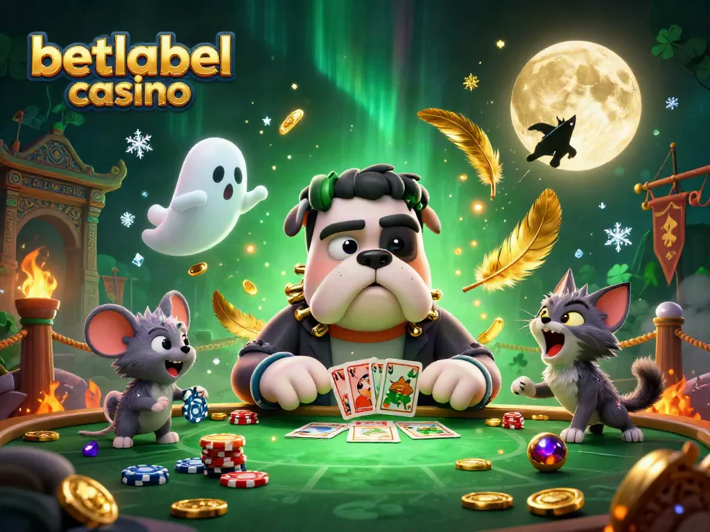 Immerse in betlabel casino with a fun scene, featuring a bulldog dealer, ghost mouse, and howling kitten.