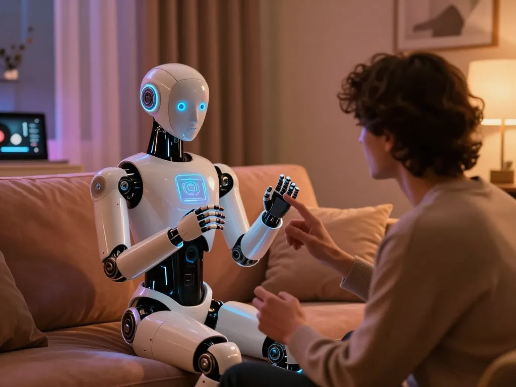 Engaging moment with a lifelike sex bot showcasing advanced technology and emotional interaction.